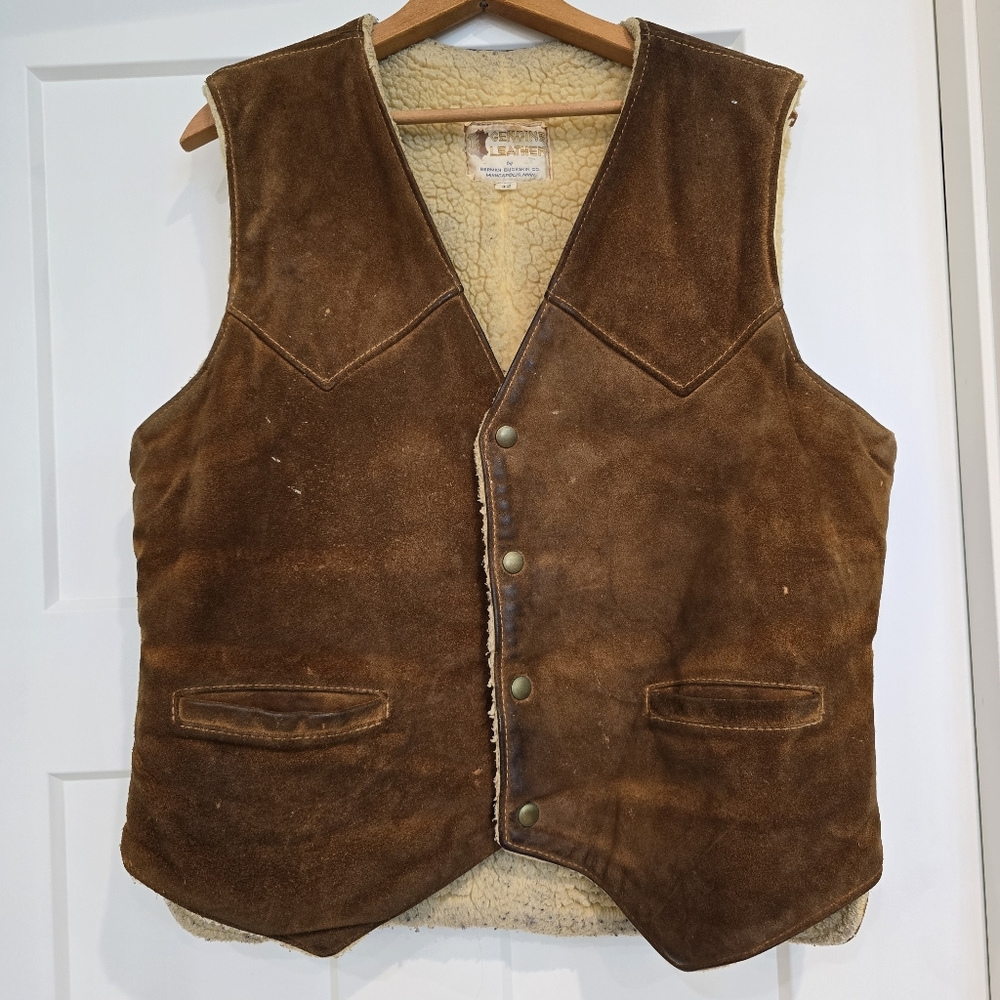 Vintage Berman Buckskin Co Men’s Genuine Leather Suede Sherpa Lined Vest Western